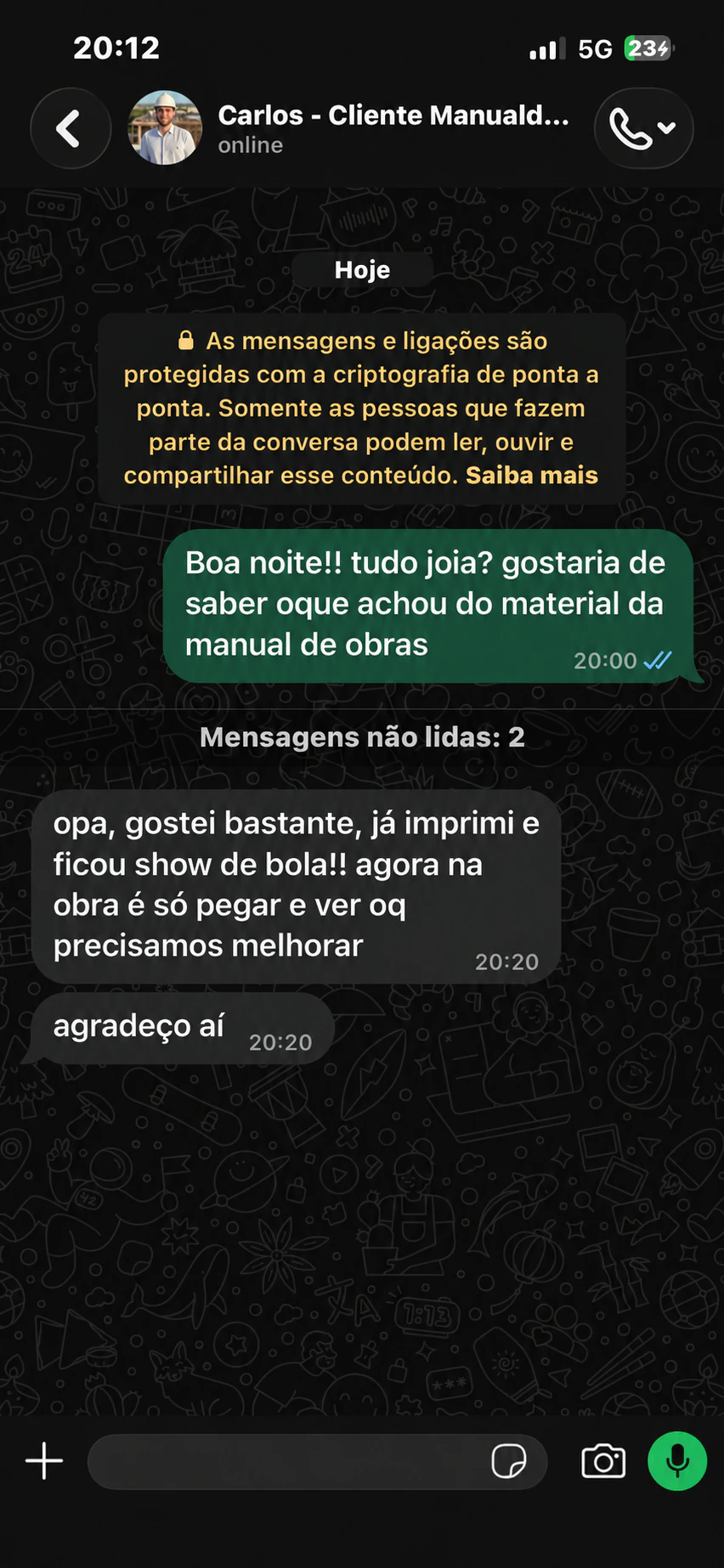 Depoimento de Carlos: imprimiu o material para consultar o que melhorar na obra.